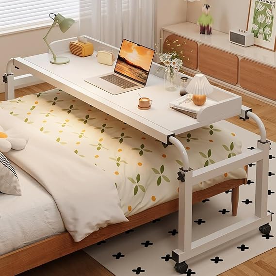 Height Adjustable Overbed Table with Wheels, Mobile Over Bed Desk with Adjustable Tilt Stand, Mobile Laptop Cart Computer Desk (White)