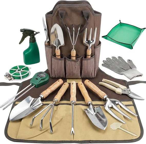 14 PCS Garden Tool Set with Soil Moisture Meter, Stainless Stell Heavy Duty Gardening Hand Tools with Wood Handle, Tote Bag, Repotting Mat, Gardening Tool Set Ideal Gift for Women and Men