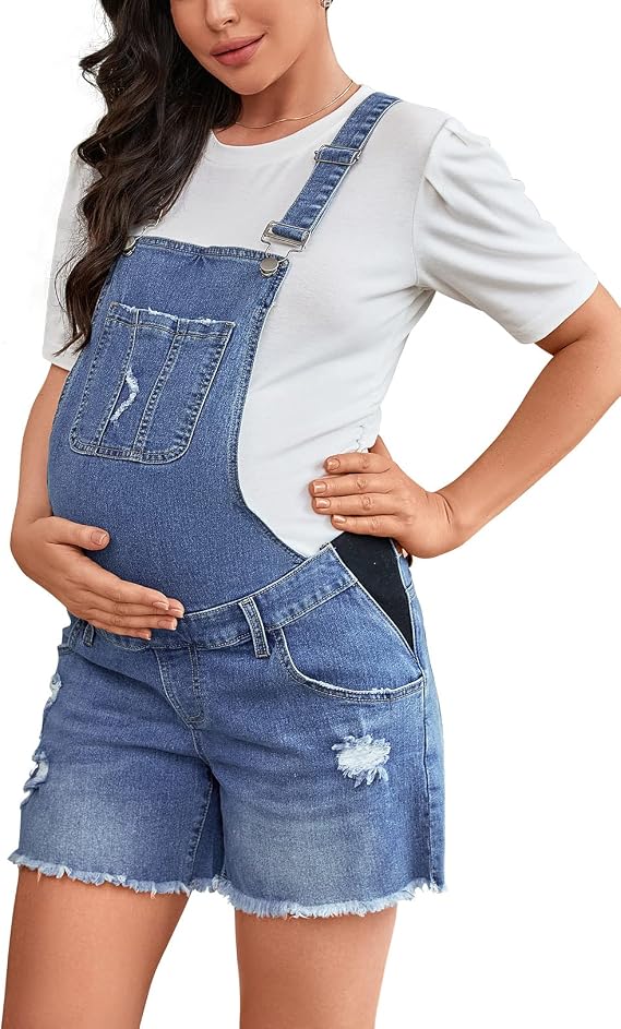 Maternity Overalls Shorts Ripped Hem Adjustable Straps Maternity Denim Bib Overall Shorts