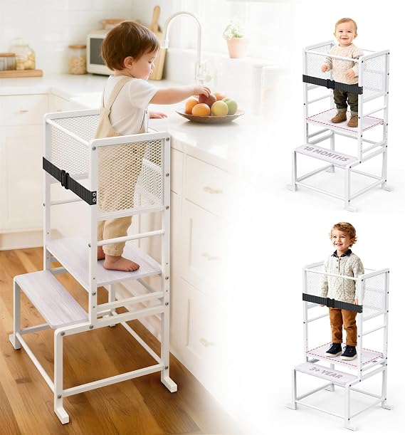 Toddler Kitchen Step Stool Adjustable Height Learning Standing Tower with Safety Feet, Steel Wood Kitchen Stool Helper for Kids, 1-3 Year Old Boy Girl Gifts