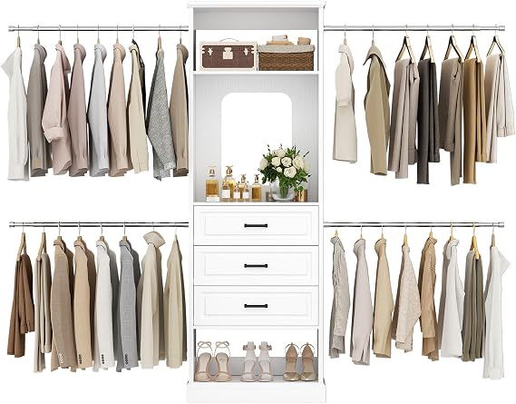 Unikito Closet System, 4FT - 9FT Closet Organizer with Mirror and 3 Drawers