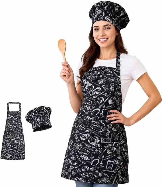 Pack of 2 Cooking Aprons with Chef's Hat Kitchen Aprons with 2 Pockets Adjustable Apron for Kitchen Baking Crafts Grtnern and Barbecue