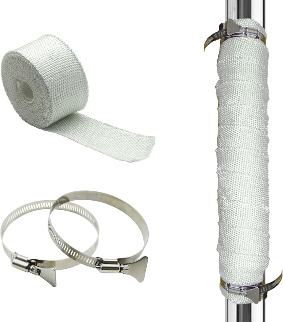 DOBTIM Fireproof Pipe Wrap Insulation 2" Wide X 16' Long, Fiberglass Heat Shield Tape Pipe Webbing for Stove Flue Protector with 2 Clamps, White