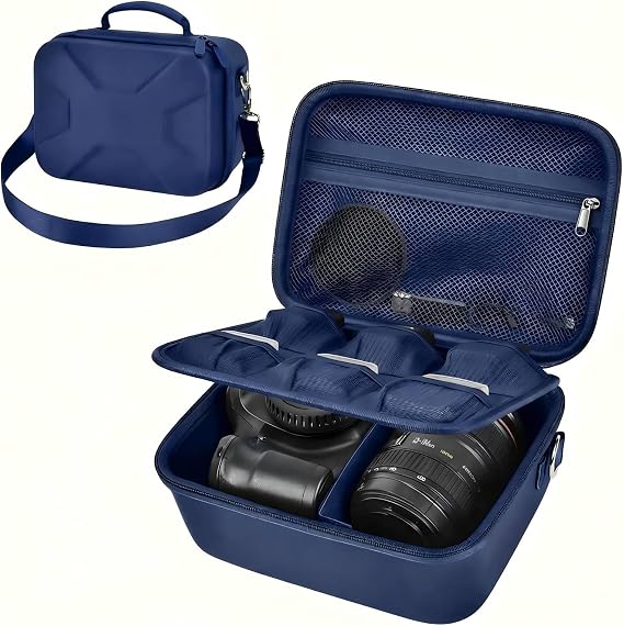 Comecase Hard Camera Case for Canon R50/R100/T7, for Sony A6400/ZV-E10,Blue | Small Camera Bag with Hard EVA Shell, Adjustable Dividers, 6 Battery/SD Organizer Slots and Shoulder Strap