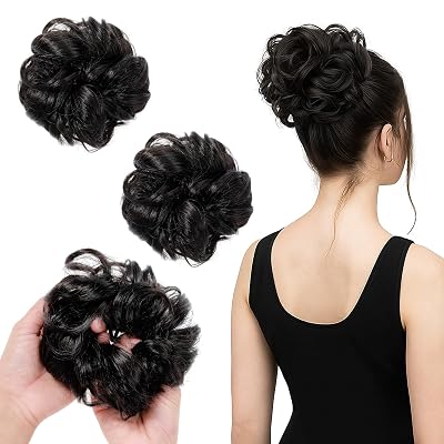 2 Pcs Messy Bun Hair Piece Wavy Curly Scrunchies Synthetic Chignon Ponytail Wig Hair Extensions Thick Tousled Updo Bun Hairpieces for Women Girls Natural Dark Brown