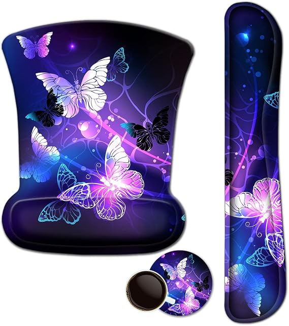 Mouse Pad with Wrist Support and Keyboard Wrist Rest Pad Set,Ergonomic Mouse Pads for Computers Laptop,Non-Slip Comfortable Mousepad w/Raised Memory Foam for Easy Typing & Pain Relief (Arts Butterfly)