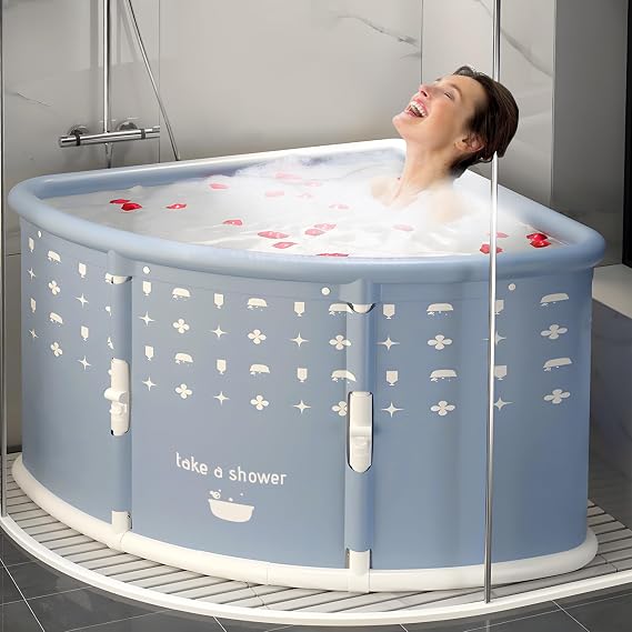 Portable Bathtub for Adults, Foldable Corner Bath Tub for Shower Cubicle, Fan Shaped Freestanding Soaking Spa Bucket, Thickened Thermal Insulation, Non Inflatable Mobile Plunge Pool, 73cm (Grey)