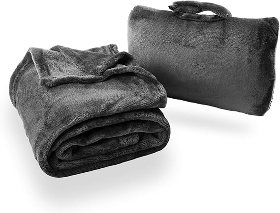 Cabeau Fold n Go Travel and Throw Blanket Plus Compact Case - for Home and Travel - Doubles as Lumbar Pillow and Neck Support Pillow - French Microfiber Comfort - Charcoal