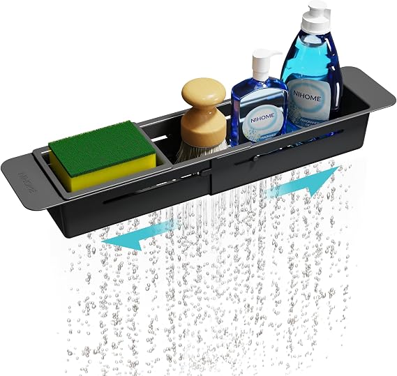 NiHome Extendable Sink Caddy & Tidy, Kitchen Sponge Holder, Drainer, Black | Durable ABS with Drain Holes & Non-Slip Pads, Telescopic Design for Brush & Cloth Organisation