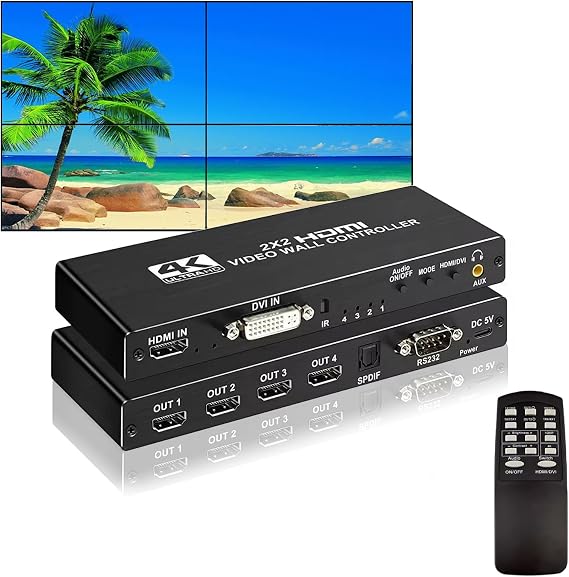 4K HDMl Video Wall Controller 2x2, 180° Rotate Video Wall Processor with IR Remote, 8 Splicing Modes 1x1 1x2 1x3 1x4 2x1 3x1 4x1, Combine 4 Screens into 1 Wall Display