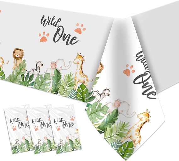 Jungle Animal Wild One Birthday Decorations Tablecloth, 3Pcs