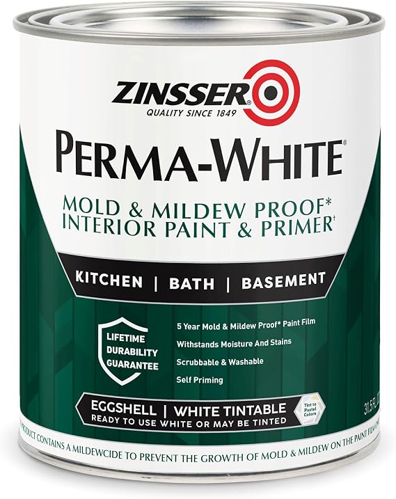 Zinsser 02774 PERMA-WHITE Mold & Mildew Proof Interior Paint, Quart, Eggshell White
