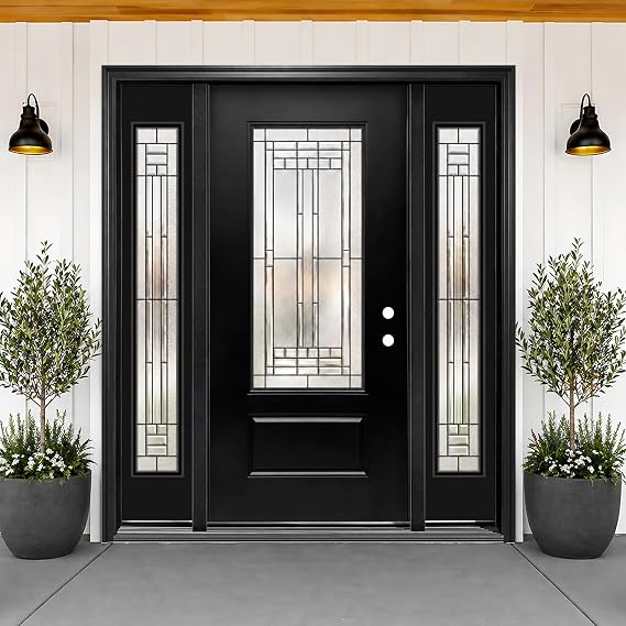 Fiberglass Front Door with Double Sidelights - 68" x 80", Single Exterior Entry Door with Decorative Glass and 14in Sidelights, Left Hand Inswing, Black Knock-Down Door, Brickmould and Jamb Included