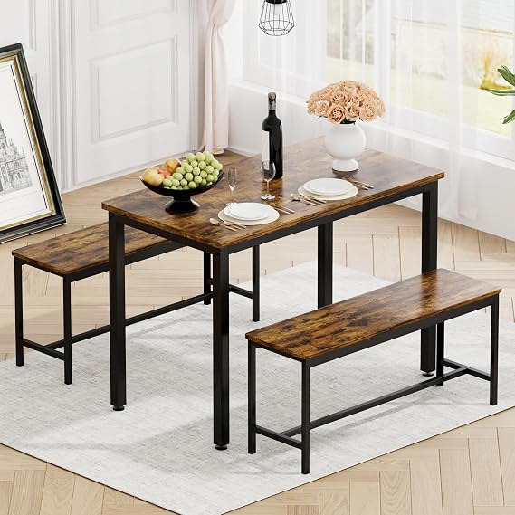 3 Piece Dining Table Set for 4, Kitchen Table with 2 Benches