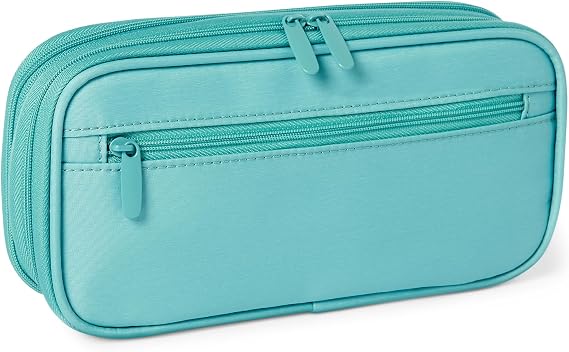 Amazon Basics Multi-Compartment Pencil Case, Large Capacity Pencil Holder for School and Office, Size L, Smooth Turquoise Soft