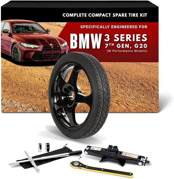 Fits 2019-2026 (7th Gen, G20) BMW 3 Series (M-Performance Brakes) | Complete Tire Kit Without Carrying Case with Wheel, Tire, Jack & Lug Wrench for Emergency Roadside Use