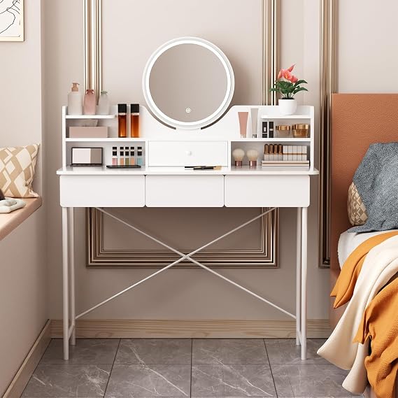 Large Vanity Desk, Makeup Desk with 3-Color LED Mirror & 4 Drawers, Professional Makeup Vanity Set, Adjustable Brightness, Bedroom Room Furniture for Women/Makeup Artists (39.37"x15.75") Wh