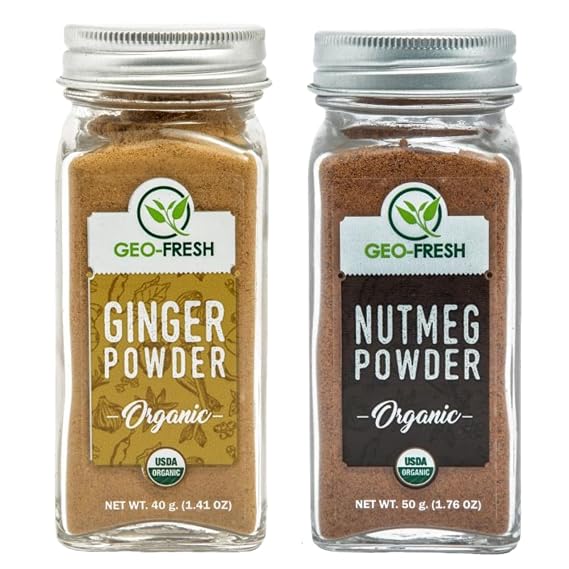 Geo-Fresh Organic Ginger Powder 1.4 oz & Organic Nutmeg Powder 1.76 oz - Ground Ginger & Nutmeg - USDA Certified, Non-GMO, Pure Spices for Baking, Tea, and Wellness