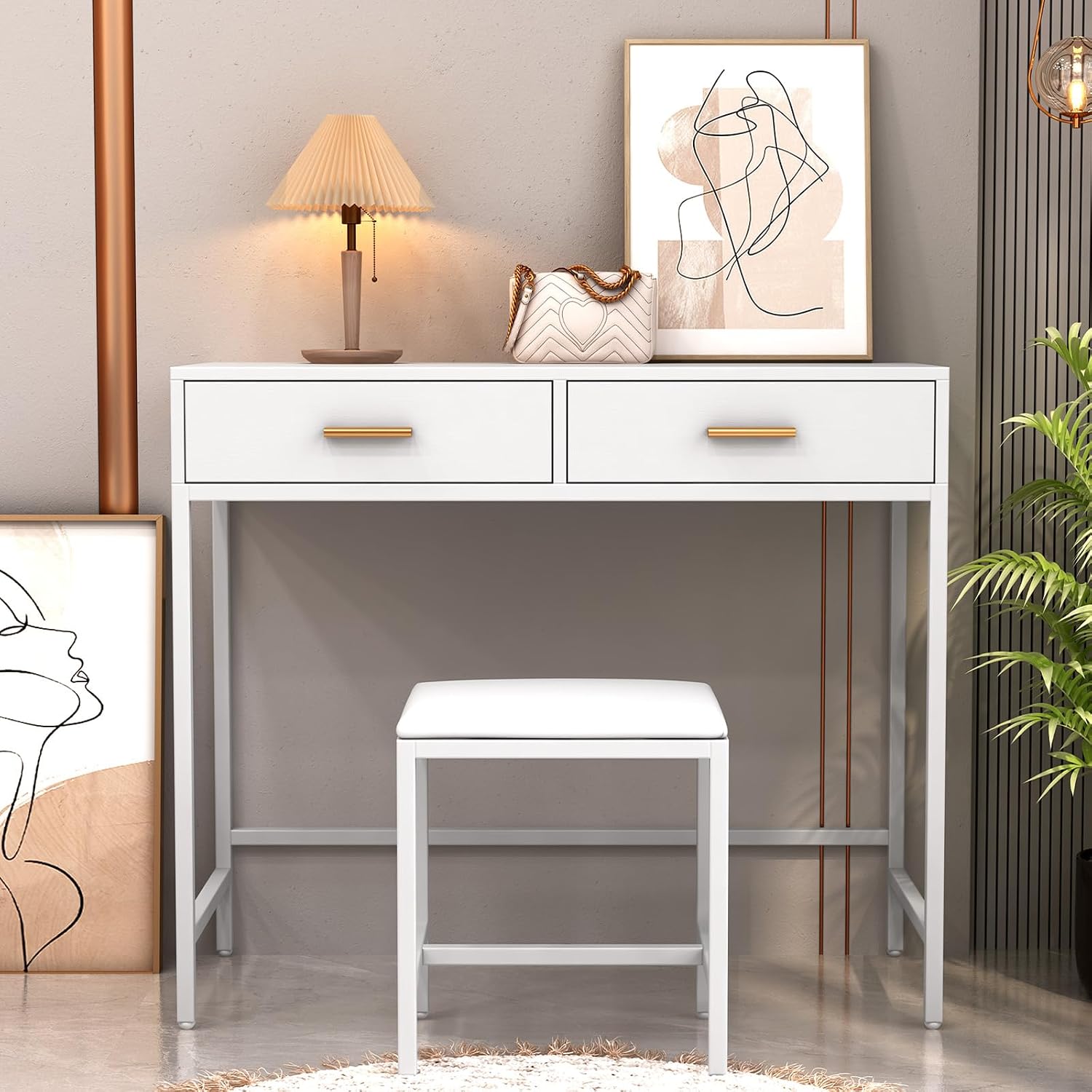 Vanity Desk with Chair no Mirror Makeup Vanity Table Set, Modern Vanity Table with 2 Storage Drawers, White Dressing Table for Teen Girls Women Bedroom Makeup Table