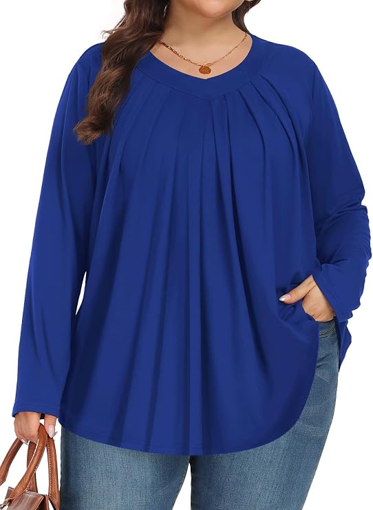 Womens Plus Size Tops Long Sleeve Shirts V Neck Tunic Blouses Royal Blue 4X