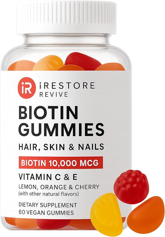 iRestore Biotin Gummies 10,000 mcg - 3 Natural Fruit Flavors, Hair Vitamins Multi Supplement for Hair Skin and Nails for Women & Men, 60 Vegan Gummies, 30 Day Supply
