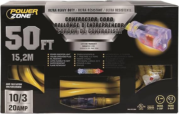 Power Zone ORP711930 10/3, 50' SJTOW Tblade Extension Cord
