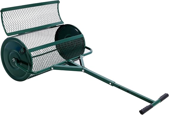 24" Compost Spreader and Peat Moss Spreader, Behind Roller Lawn Spreader with Height Adjustable T Shaped Handle, Steel Mesh Basket Garden Spreader for Spreading Manure Topsoil, Heavy Duty Green