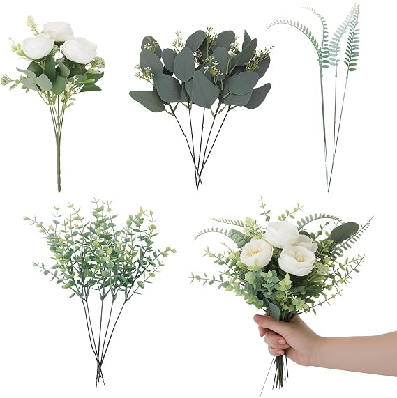 saerryor 15 Pack Eucalyptus Stems Leaves with White Faux Peony for Decor