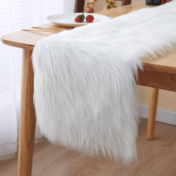 Table Runner Christmas Faux Fur White Decorative