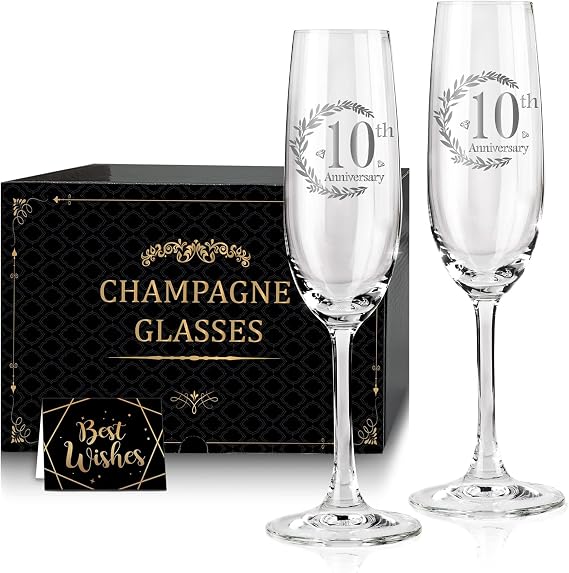 Tom Boy 10th Anniversary Champagne Flutes Gifts, Anniversary Couples Gifts | 10 Year Wedding Anniversary's Decorations Champagne Glasses Set of 2, Anniversary's Wedding Gift for Husband Wife for Him Her