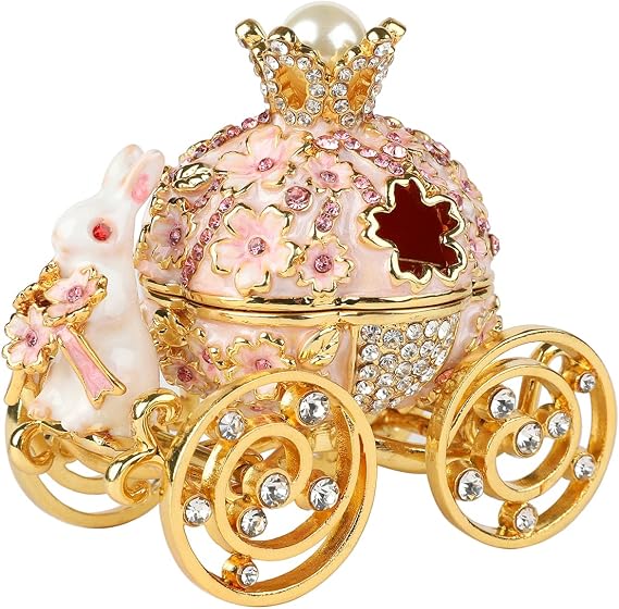 Bunny Pumpkin Carriage with Flowers Jewelry Trinket Box Hinged Hand-Painted Enamel Ornaments Gift for Home Decor (Pink)