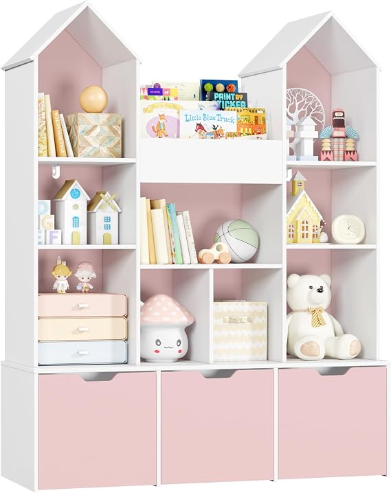 Toy Storage Organizer with Castle Roof, Large Kids Bookshelf Dollhouse with 3 Movable Drawers and 9 Storage Cubbies, Toy Organizers with 3-Tier Book Rack for Playroom, White and Pink