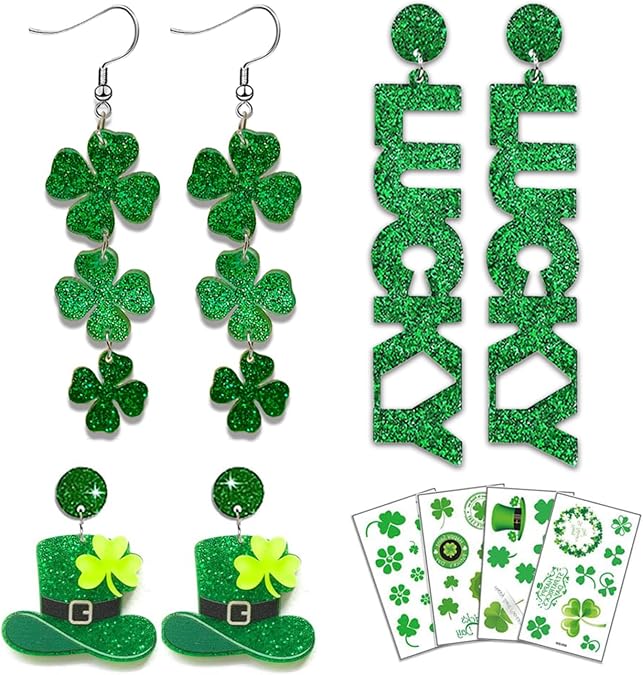 St Patricks Day Earrings & Tattoos for Women, 3 Pairs Irish Earrings + Shamrock Temporary Tattoos for Irish Festival Party Celebration, Green Saint Patricks Day Shirt & Outfits Accessories for Adults