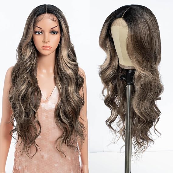 Style Icon Long Wave Wig Highlight Synthetic Lace Front Wig for Women 28 inch Long Body Wave Wig Pre Plucked with Baby Hair 13x4x1 Middle Part Lace Heat Resistant Fiber 150% Density