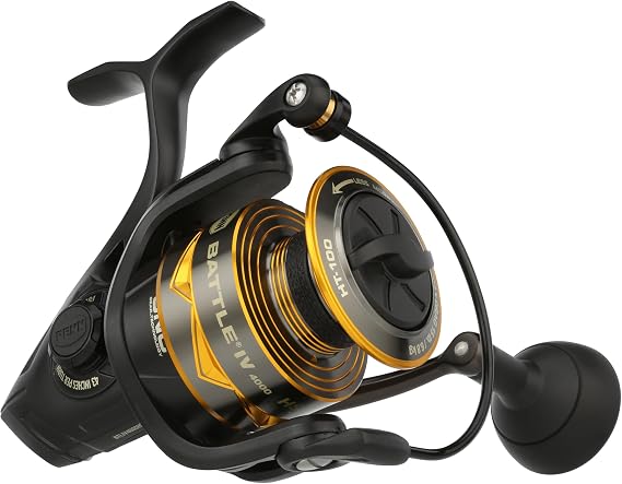 PENN Battle IV Spinning Reel, Saltwater Angler Fishing Reel for Sea Fish Lure & Bait, Bass, Pollack, Cod, Mackerel, Wrasse, Aluminum Spool, Robust Ambidextrous 1000-10000 Reel, Black, Gold & Smoke