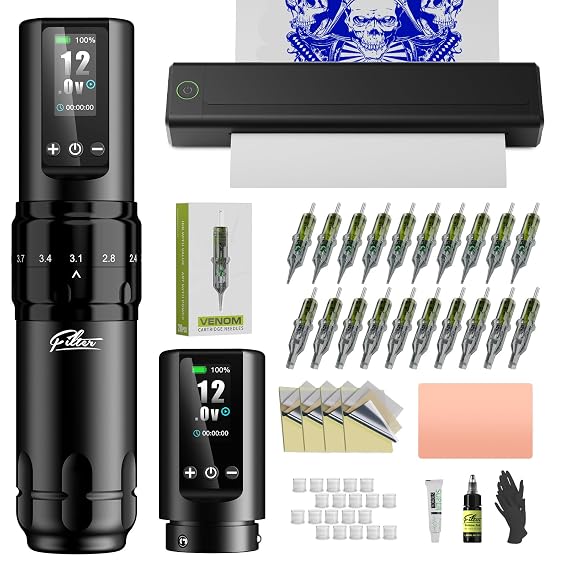 Filter Tattoo Stencil Printer Kit - Complete Tattoo Gun Starter Set for Beginners with 7 Strokes 2.0-4.0mm Extra 1600mAh Power Supply 20Pcs Tattoo Cartridge Needles Practice Skin Transfer Paper
