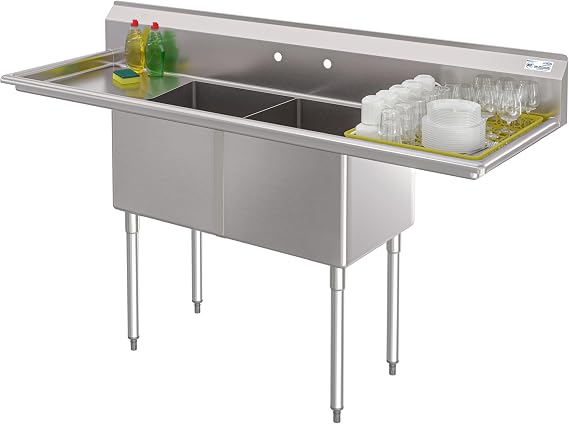 KoolMore 72 in. 18-Gauge 2-Compartment Commercial Sink with Backsplash and Dual 18 in. Drainboards, Bowl Dimensions 18"x18"x14" in Stainless-Steel (KM-SB181814-18B3)