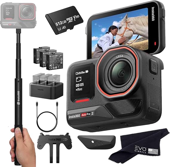 Insta360 Ace Pro 2 Battery Bundle- 8K Waterproof Action Camera Co-Engineered with Leica, Flagship 1/1.3" Sensor, 8K30, 2.5" Flip Screen|Includes Extra Battery, Charger, Invisible Selfie Stick (512GB)