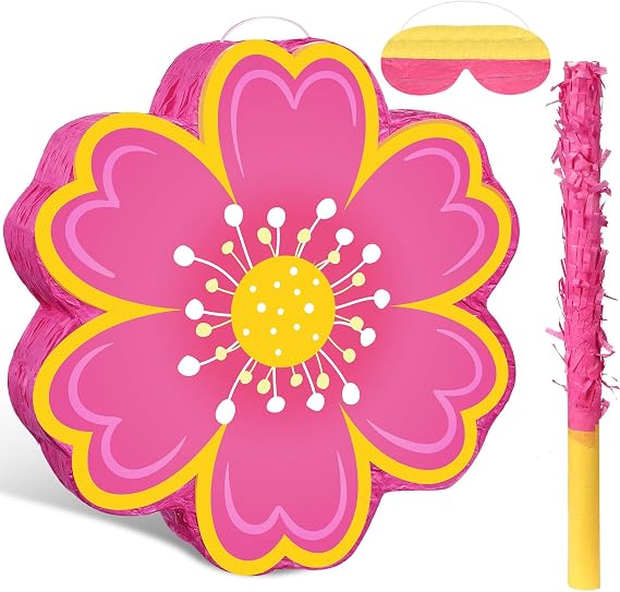 Aoriher Daisy Flower Pinata Set with Blindfold and Bat Pink Flower Pinata