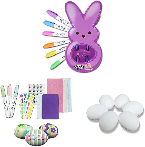The Eggmazing Easter Egg Decorator - Peeps Bunny (Purple) + White Wooden Eggs (6 Pack) + Easter Egg-cessory Pack
