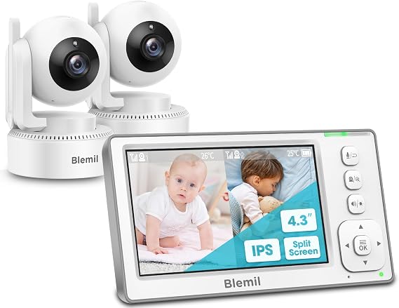 Blemil Baby Monitor with 2 Cameras and Audio, 4.3'' IPS Split-Screen Monitor with 29-Hour Battery, 1000ft Range Pan-Tilt-Zoom Video Baby Monitor No WiFi, 2X Zoom