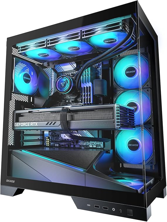 Okinos Aqua 9, ATX PC Case, 5 120mm ARGB PWM Fan Pre-Installed, Support Top & Side Dual 360mm Radiator, Back-Connect Motherboard Compatible, Mid Tower PC Case, Type C Port, Black