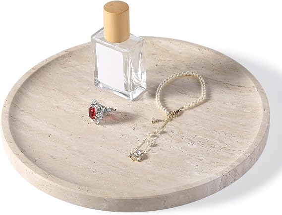 Travertine Tray, 9.8 Round Marble Vanity Tray for Bathroom, Kitchen Counter Dresser and Coffee Table Decor, Stone Decorative Tray for Jewelry, Perfume, Cosmetics, Countertop Storage Organize (Beige)