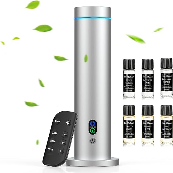 Maromalife Waterless Diffuser, Essential Oil Diffuser, 1000 Sq.Ft Coverage Scent Diffuser Plug-in Only, Adjustable Mist, Remote, Mood Lights for Home & Office, Large Room, Hotel, Silver