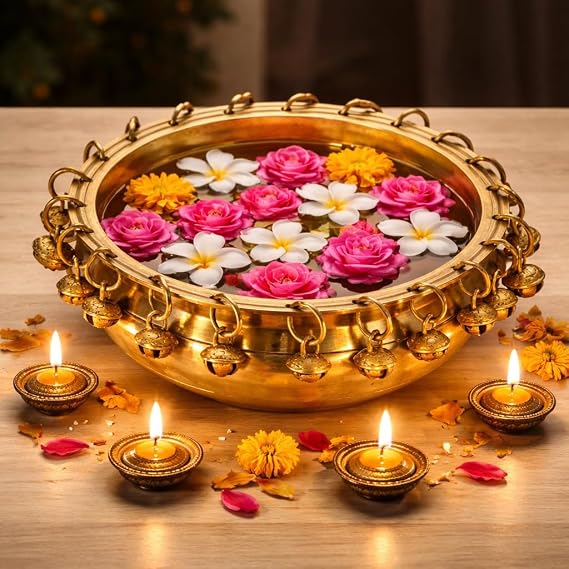 ARTVARKOTM Traditional Brass Urli with Bells Flowers Bowl Showpiece for Floating Candles Home and Office Decoration Diwali Decoration Gift 6 Inch