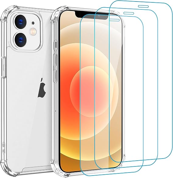Whioltl Case for iPhone 12 Mini with [3 Pack] Tempered Glass Screen Protectors, Crystal Clear Phone Cover, Anti-Scratch and Shock-Absorption, Transparent Basic Case Compatible with Wireless Charger
