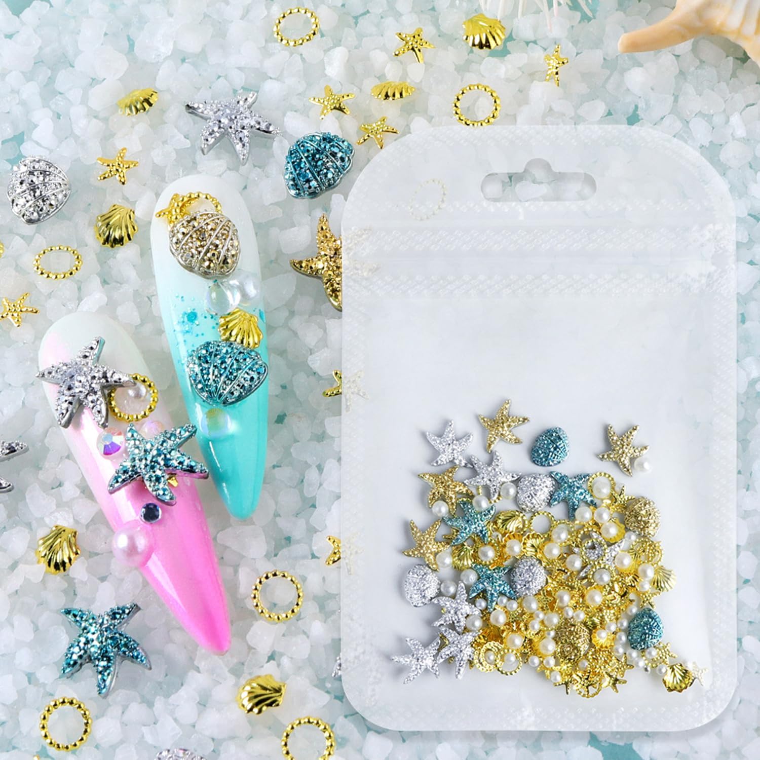 100Pcs Summer Nail Charms 3D Shell Starfish Nail Art Charms Studs Pearl Rhinestones Gems Summer Sea Theme Nails Supplies Gold Silver Blue Resin Beach Manicure Decoration for Women DIY Craft Jewelry