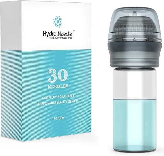 Hydra Microneedle Derma Stamp with Adjustable Liquid Flow, 30 Pins, 10ml Capacity, Compatible with Vials for Skin and Hair Care (1.0mm)