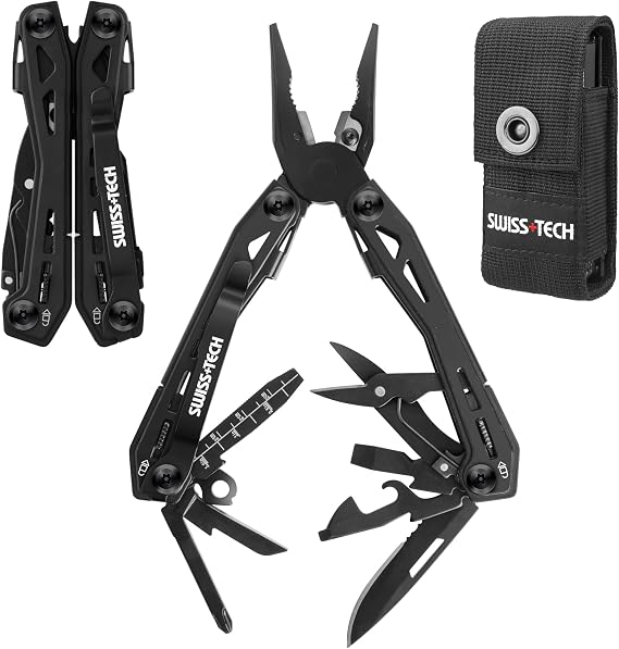 Swiss+Tech Multi-Functional Pliers Outdoor Multi-Tool 16-in-1 Multi-Pliers Survival Tool with Locking Function Cutter Bottle Opener File Can Opener Screwdriver for Disaster Prevention Outdoor DIY