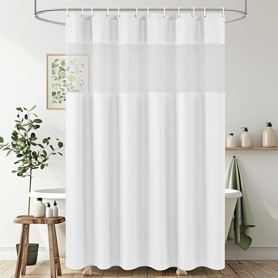 UFRIDAY White Waffle Weave Shower Curtain 72x72 inch, Spa Like Hotel Style Bath Curtain with Mesh Top Window, Heavy Duty Thick Fabric Shower Curtain for Bathroom, Machine Washable Water Resistant